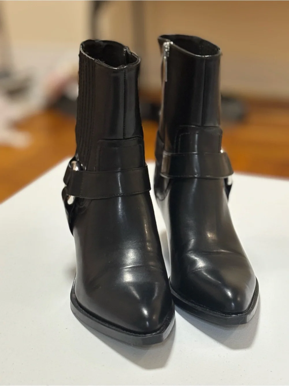 Zara Black Leather Ankle Boots with Silver Ring Detail